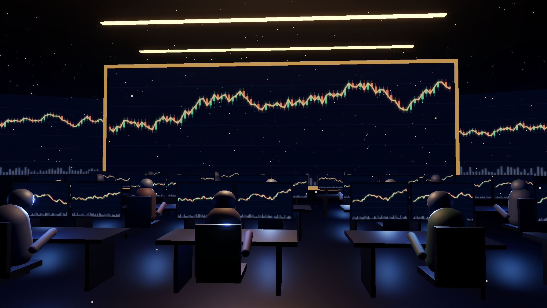 Computer-generated illustration of analysts at their desks facing a wall of price charts